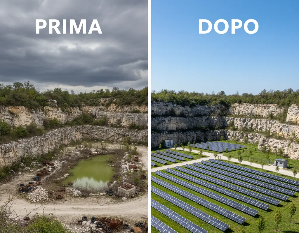 Illustrazione: una cava di calcare abbandonata, prima, e la stessa cava con file di pannelli fotovoltaici, dopo