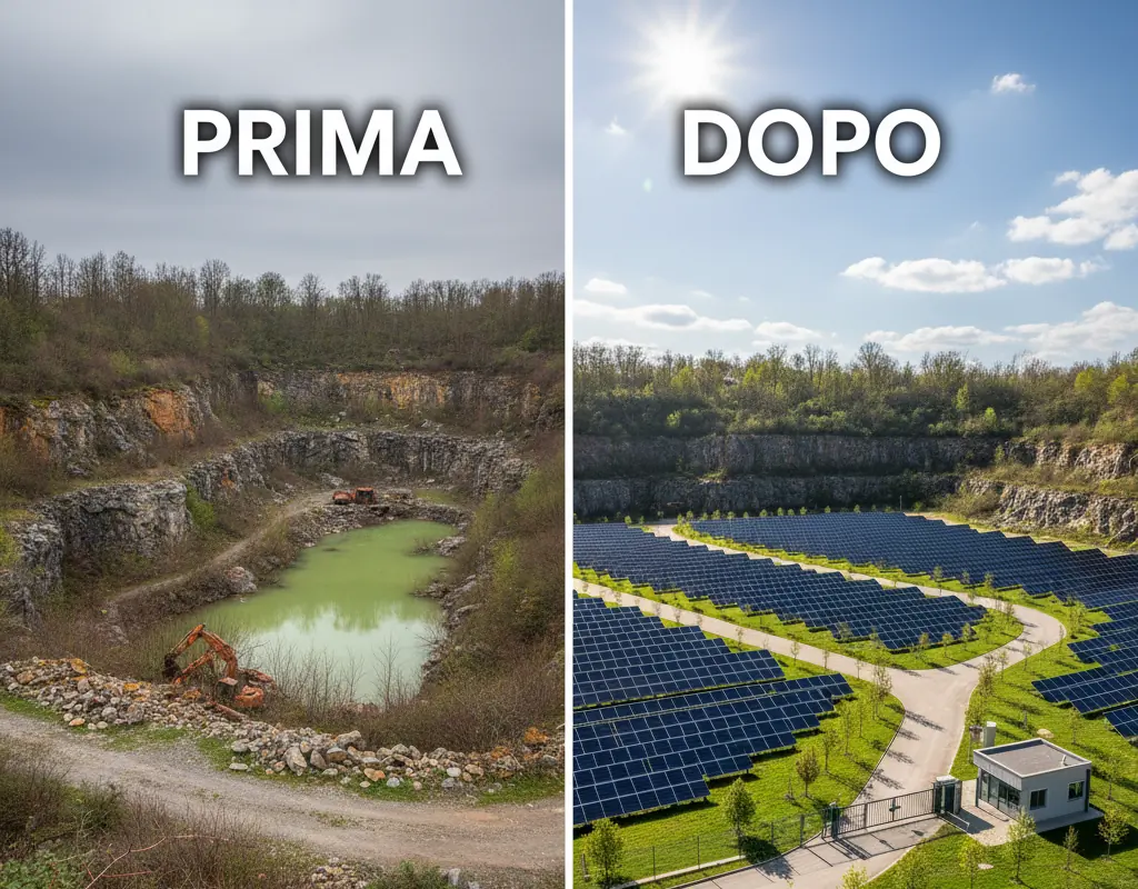 Illustrazione: una cava dismessa con laghetto, prima, e la stessa area con un impianto fotovoltaico, dopo